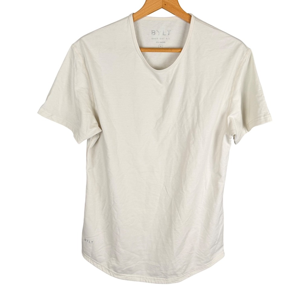 BYLT Basics Drop Cut Short Sleeve Shirt Off White Cream V-Neck Mens Medium